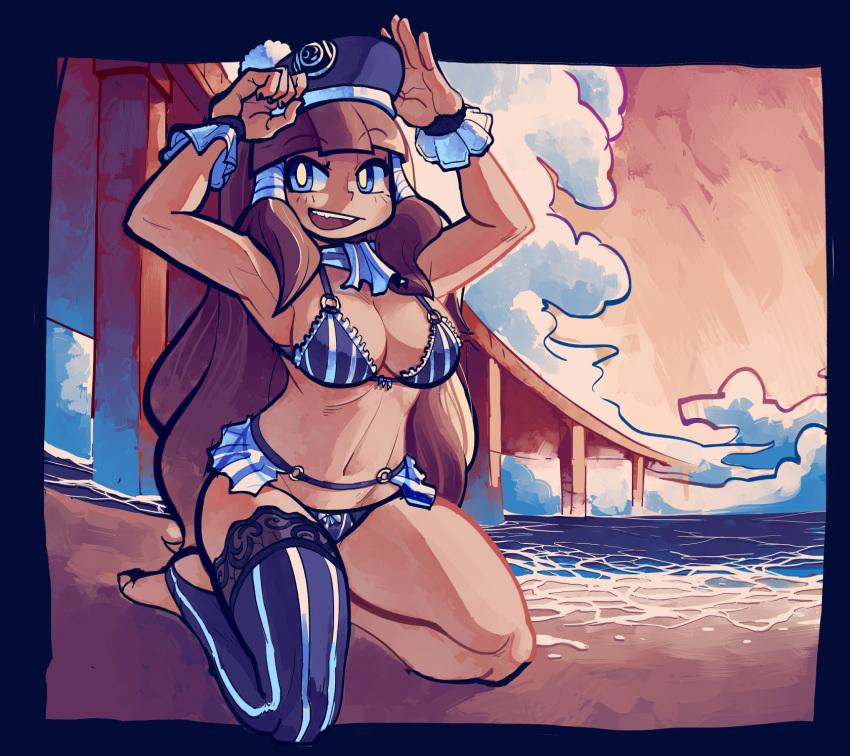 bathing_suit beach blue_eyes bra breasts brown_hair choko_(mogy64) feet hat medium_breasts mogy64 panties stocking swimsuit