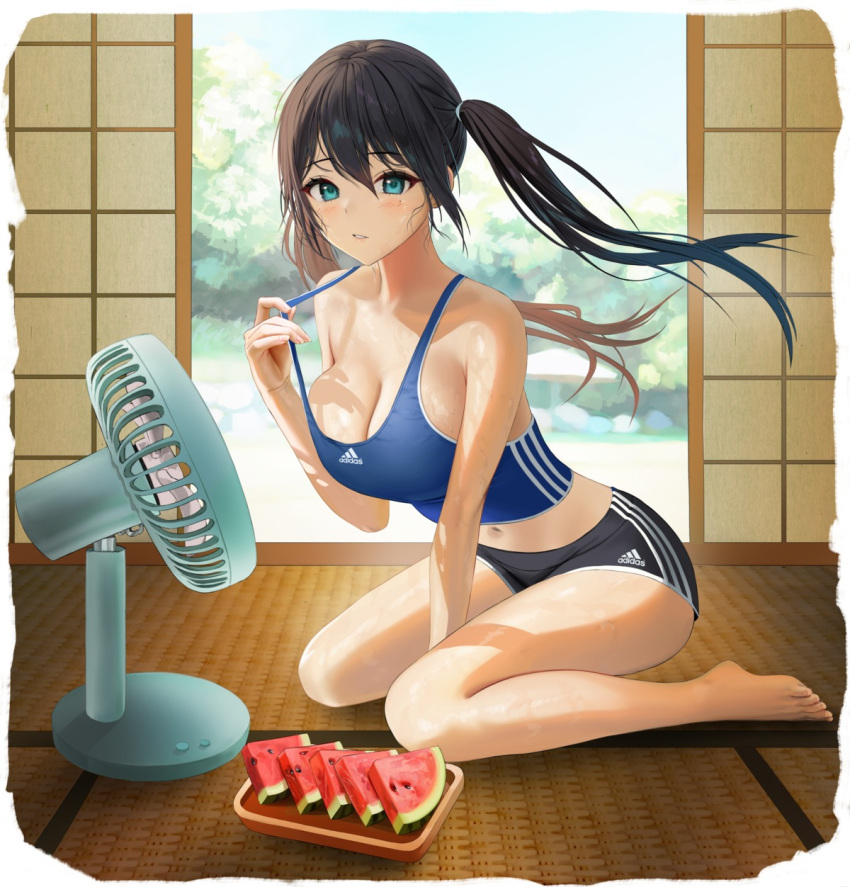 adidas bare_shoulders barefoot blush electric_fan fan female female_only gym_clothes hand_on_bra_strap hand_on_ground japanese_house kneeling long_hair looking_at_viewer no_bra solo sports_bra sportswear sweat tatami tokkihouse twintails undressing watermelon