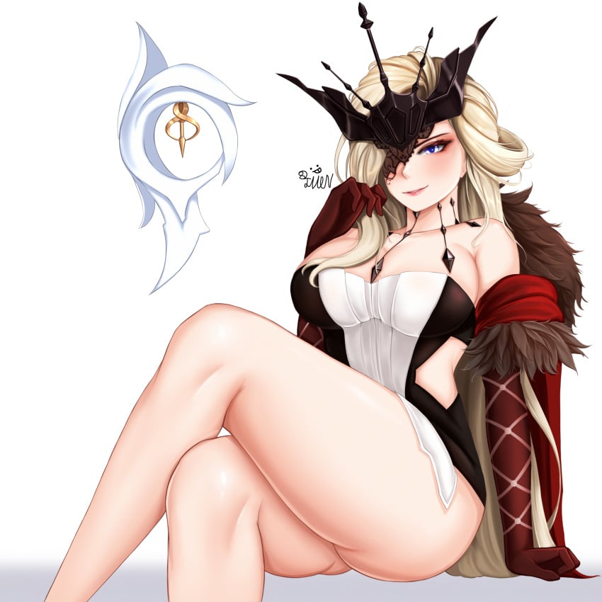 1girls 82jhin ass big_breasts blue_eyes butt dress female female_only genshin_impact gloves large_breasts long_gloves long_hair one_eye_covered short_dress signora_(genshin_impact) sitting solo solo_female thick thick_ass thick_thighs voluptuous