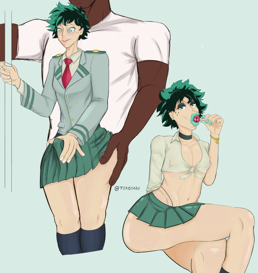 2boys 2d crossdressing cute_male dark-skinned_male dark_skin femboy gay green_hair interracial izuku_midoriya light-skinned_femboy light-skinned_male male male_only multiple_boys my_hero_academia sissification sissy terosabu trap uncensored yaoi