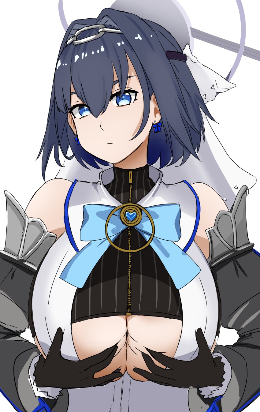 1girls black_hair blue_eyes breast_grab breasts earrings female fully_clothed hololive hololive_english hololive_english_-council- hololive_english_-promise- huge_breasts looking_at_viewer nao_(ritsancrossover) ouro_kronii ribbon solo solo_female underboob underboob_cutout virtual_youtuber