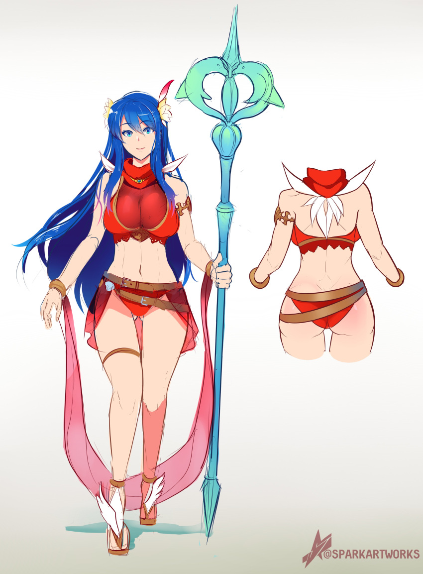 1girls alternate_costume ass back_view big_ass big_breasts bikini blue_eyes blue_hair breasts caeda_(fire_emblem) caeda_(summer)_(fire_emblem) concept_art female fire_emblem fire_emblem:_mystery_of_the_emblem fire_emblem:_shadow_dragon_and_the_blade_of_light fire_emblem_heroes front_view lance large_breasts official_alternate_costume orange_bikini red_bikini red_swimsuit sandals sparkartworks swimsuit very_long_hair