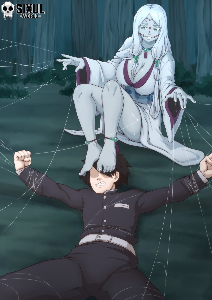 1boy 1girls anklet barefoot big_breasts cleavage demon demon_girl demon_slayer facial_markings feet feet_on_face female femdom foot_fetish forced grey_skin human interspecies kimetsu_no_yaiba kimono long_hair male male_human/female_demon milf mother_spider_demon restrained sixul_world spider_girl spider_web thick_eyebrows white_hair