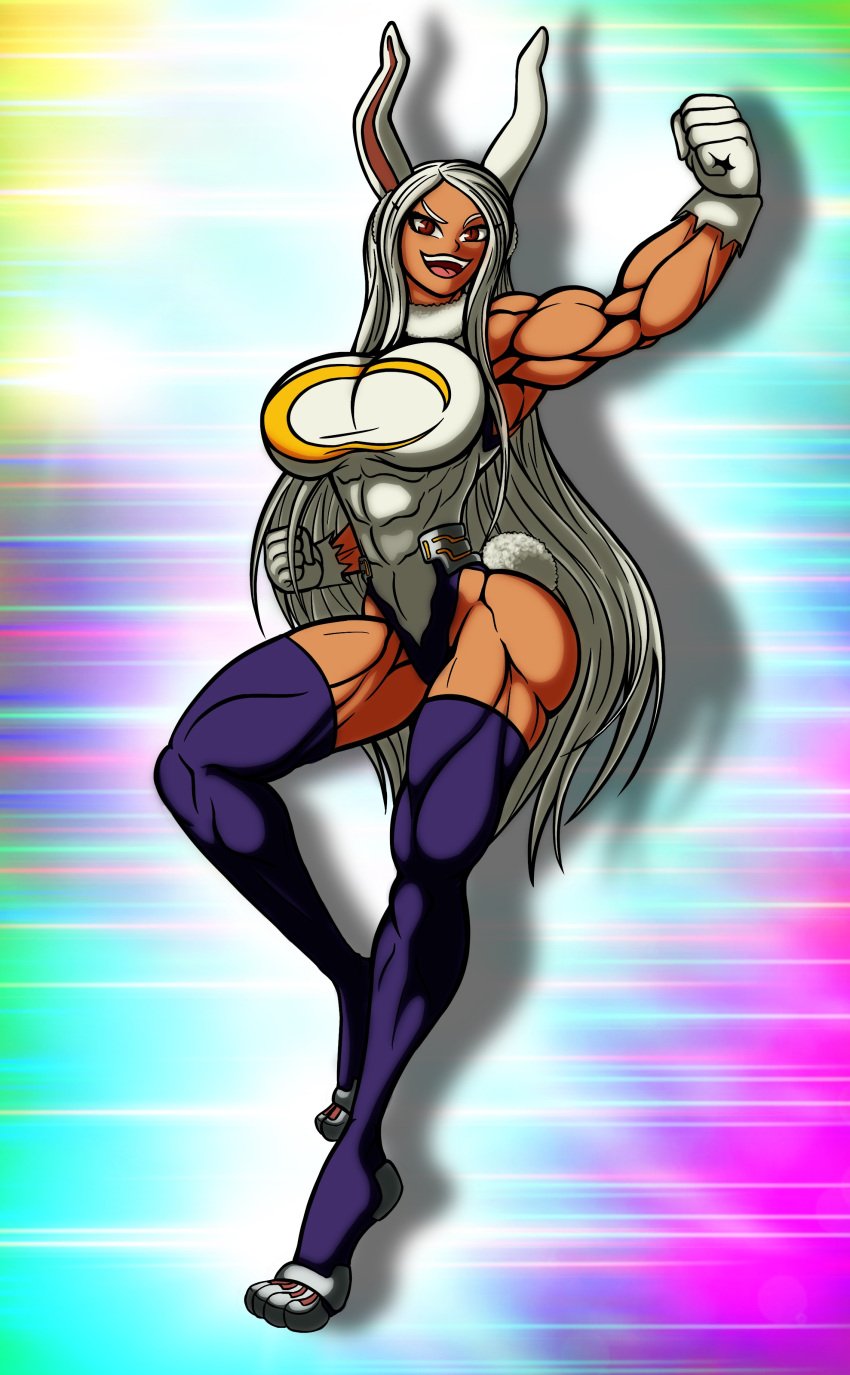 1girls big_ass big_breasts big_butt big_muscles dark-skinned_female dark_skin female female_only fully_clothed happy leotard long_legs miruko muscles muscular muscular_arms muscular_female muscular_legs muscular_thighs my_hero_academia rabbit_ears rabbit_girl red_eyes rumi_usagiyama solo superheroine thick_thighs thin_waist tomkat96 white_hair wide_hips