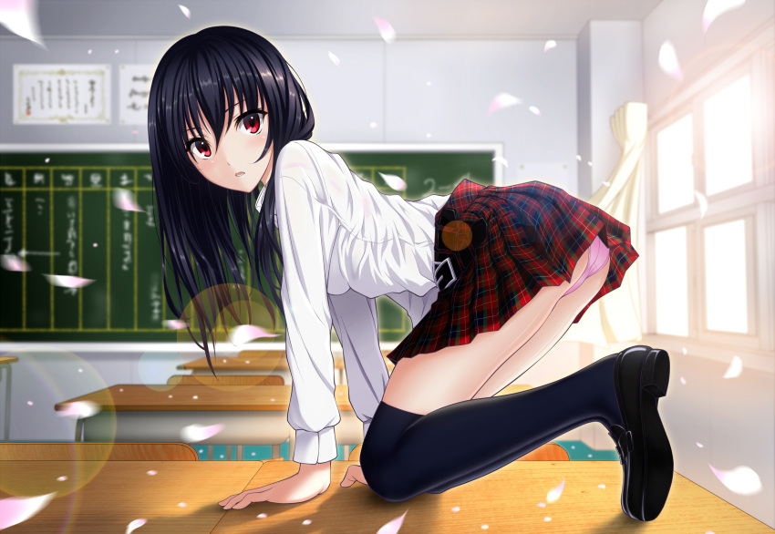 all_fours ass black_hair black_legwear black_thighhighs blush board classroom clothing curtains desk female high_resolution indoors legwear loafers long_hair looking_at_viewer on_desk open_mouth original oshou pantsu petals pink_panties plaid plaid_skirt pleated_skirt red_eyes school school_desk school_uniform shoes skirt slip-on_shoes solo table thighhighs thighs underwear uniform wallpaper window zettai_ryouiki