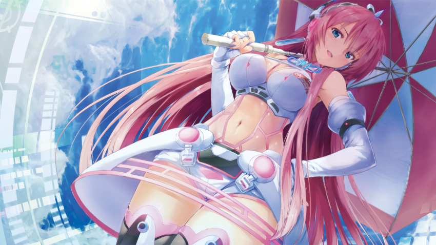 16:9_aspect_ratio archway_of_venus blue_eyes breasts cowboy_shot daidou_(demitasse) dutch_angle elbow_gloves female fingerless_gloves gloves gluteal_fold goodsmile_racing hand_on_hip headset high_resolution hologram large_breasts long_hair megurine_luka navel open_mouth overskirt pink_hair race_queen short_shorts shorts sky smile solo tagme thighhighs umbrella vocaloid white_gloves