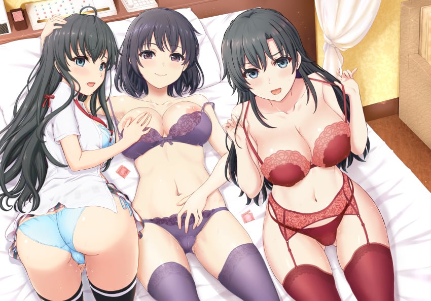 3girls :d areolae ass ass_cleavage bangs black_hair black_legwear blue_bra blue_eyes blue_panties blue_underwear blush bow bow_bra bow_panties bra bra_pull bra_tug breast_slip breasts brown_eyes brown_hair butt_crack cameltoe clavicle cleavage clothes_pull condom eyebrows_visible_through_hair female garter_belt garter_straps gluteal_fold hair_between_eyes high_resolution highleg highleg_panties hiratsuka_shizuka inanaki_shiki lace lace-trimmed_bra lace-trimmed_panties lace_trim large_breasts large_filesize legwear lingerie long_hair looking_at_viewer lowleg lowleg_panties lying medium_breasts multiple_girls my_teen_romantic_comedy_snafu navel nipple_slip nipples on_back open-mouth_smile open_mouth pantsu posterior_cleavage purple_bra purple_legwear purple_panties purple_underwear red_bra red_legwear red_panties red_underwear school_uniform shirt short_hair side-tie_panties sitting smile stomach string_panties sweat tagme take_your_pick thighhighs underwear underwear_pull uniform vaginal_juices very_high_resolution very_long_hair white_shirt yukinoshita_haruno yukinoshita_yukino