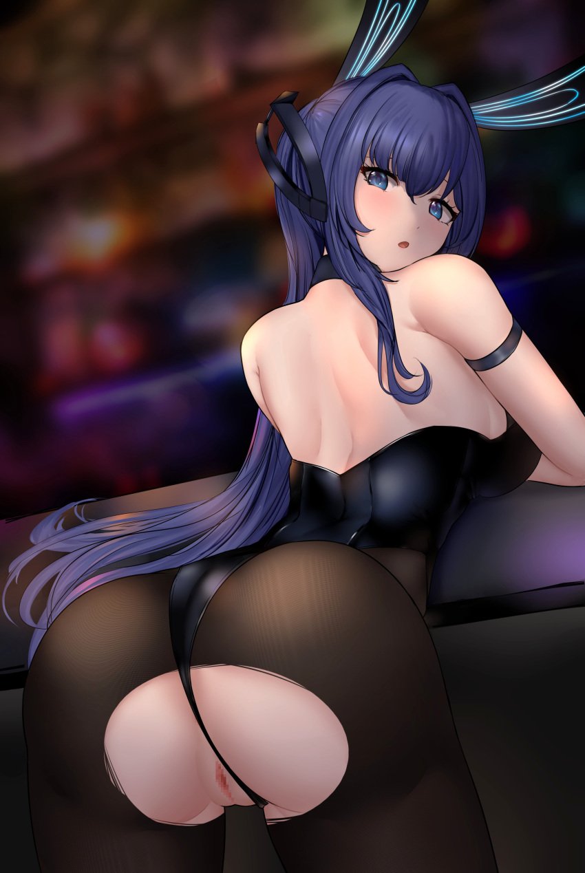 absurdres animal_ears arm_strap ass azur_lane backless_leotard black_legwear black_leotard blurry blurry_background breasts censored fake_animal_ears female fine_fabric_emphasis from_behind highres large_breasts leaning_forward leotard long_hair looking_back new_jersey_(azur_lane) new_jersey_(exhilarating_steps!)_(azur_lane) official_alternate_costume pantyhose playboy_bunny purple_eyes purple_hair pussy rabbit_ears solo strapless strapless_leotard torn_clothes torn_legwear very_long_hair waaaa