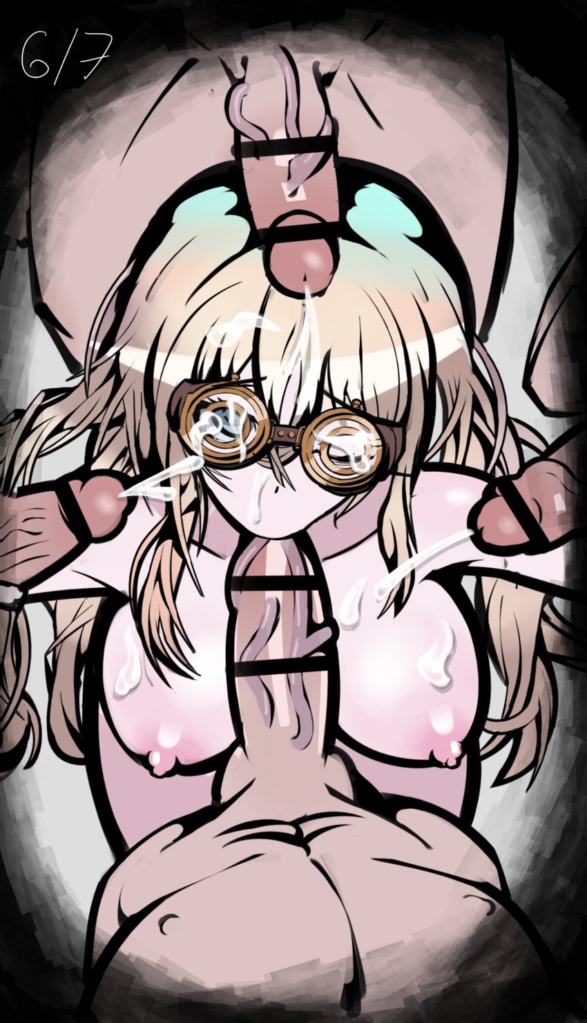 1girls 4boys :>= big_breasts big_penis blowbang blowjob breasts censored danganronpa danganronpa_v3 fellatio female googles iruma_miu male nipples oral oral_sex penis penis_on_face penis_on_head smooth_skin trizzz unseen_male_face veiny_penis