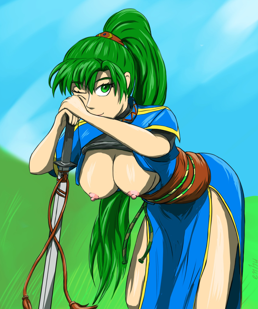 1girls bare_legs bent_over breasts breasts_out enbu fire_emblem fire_emblem:_the_blazing_blade green_eyes green_hair large_breasts looking_at_viewer lyn_(fire_emblem) lyndis_(fire_emblem) nintendo nipples one_eye_closed outdoors pelvic_curtain ponytail smile sword very_long_hair weapon