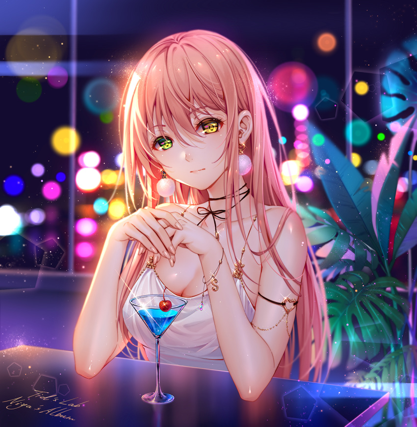 armlet bangs bracelet breasts cherry choker cleavage closed_mouth cocktail cocktail_glass cup drink drinking_glass earrings female food fruit green_eyes hair_between_eyes heterochromia high_resolution jewelry lens_flare long_hair looking_at_viewer medium_breasts niya original pink_hair plant potted_plant sleeveless smile solo tagme tid tidsean yellow_eyes