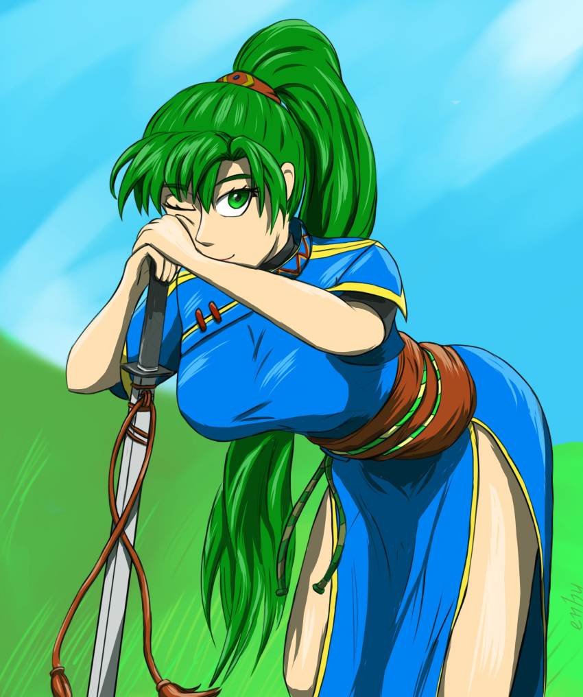 1girls bare_legs bent_over enbu fire_emblem fire_emblem:_the_blazing_blade green_eyes green_hair large_breasts looking_at_viewer lyn_(fire_emblem) lyndis_(fire_emblem) nintendo one_eye_closed outdoors pelvic_curtain ponytail smile sword very_long_hair weapon