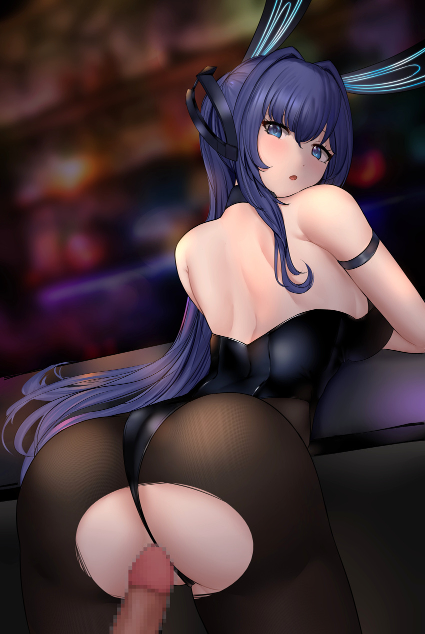 1boy absurdres animal_ears arm_strap ass azur_lane backless_leotard black_legwear black_leotard blurry blurry_background breasts censored fake_animal_ears female fine_fabric_emphasis from_behind highres large_breasts leaning_forward leotard long_hair looking_back mosaic_censoring new_jersey_(azur_lane) new_jersey_(exhilarating_steps!)_(azur_lane) official_alternate_costume pantyhose penis playboy_bunny purple_eyes purple_hair rabbit_ears straight strapless strapless_leotard torn_clothes torn_legwear very_long_hair waaaa