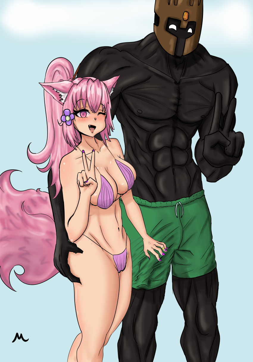 1boy 1girls big_breasts big_penis bikini black_skin breasts cat_ears farfadox flushed grabbing_ass indie_virtual_youtuber latam_virtual_youtuber looking_at_viewer muscular_male nekomimi peace_sign pink_eyes pink_hair ponytail ring smile suwie swimming_trunks swimsuit tagme thick_thighs thighs touching_penis virtual_youtuber vtuber vtuberfanart wink