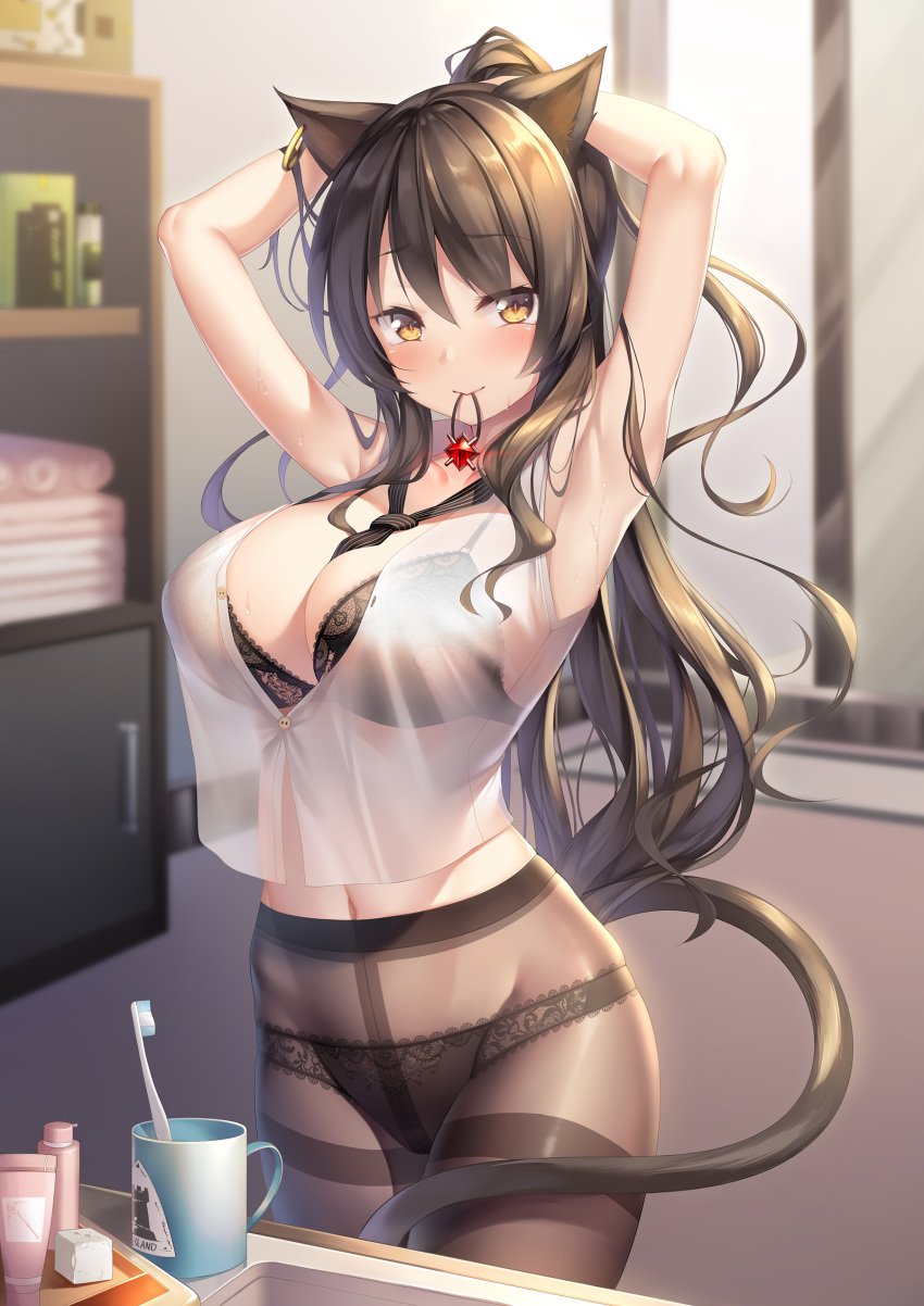 adjusting_hair animal_ears arknights armpits arms_behind_head arms_up backlighting bangs bare_shoulders bathroom between_breasts black_bra black_legwear black_panties black_pantyhose black_underwear blurry blurry_background blush bra bra_visible_through_clothes breasts brown_eyes brown_hair brown_legwear cat_tail clavicle cleavage closed_mouth clothed_female clothing cosmetics cowboy_shot crotch_seam cup door ear_piercing evening eyebrows_visible_through_hair female female_only fixing_hair groin hair_between_eyes hair_bobbles hair_cord hair_ornament hair_over_shoulder hair_tie_in_mouth high_resolution holding holding_hair indoors lace lace-trimmed_bra lace-trimmed_panties lace_trim large_breasts legs legwear lingerie long_hair looking_at_viewer loose_necktie lowleg lowleg_panties meion mouth_hold navel necktie necktie_between_breasts nekomimi no_skirt open_clothes open_shirt panties_under_pantyhose pantsu pantyhose piercing pixiv_id_5271609 ponytail pupupu_(1053378452) revision see-through see-through_shirt shelf shirt sidelocks skindentation skyfire_(arknights) sleeveless sleeveless_shirt sliding_doors smile soap solo standing sweat sweatdrop tagme tail thighband_pantyhose thighs tied_hair toothbrush towel tube tying_hair unbuttoned unbuttoned_shirt underwear very_high_resolution wavy_hair white_shirt yellow_eyes