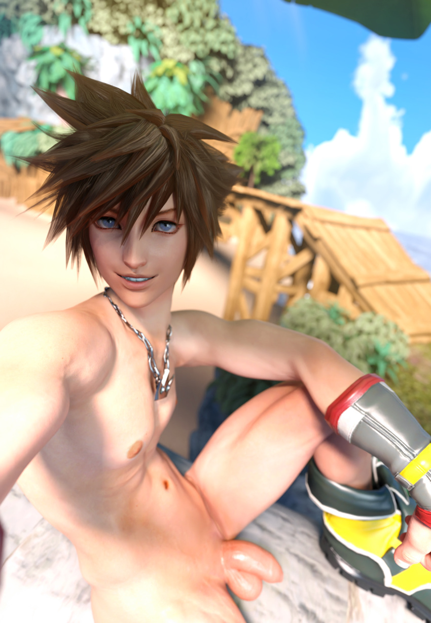 1boy 3d beach blue_eyes brown_hair casual flaccid footwear hair handwear hdreamsproject human island kingdom_hearts male male_only nude penis solo sora square_enix video_games