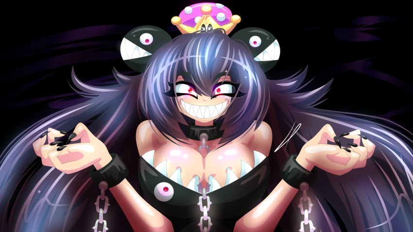 1girls black_dress breasts chain_chomp chains chompette darkeclipticheart fangs female happy looking_at_viewer mario_(series) new_super_mario_bros._u_deluxe sharp_teeth solo