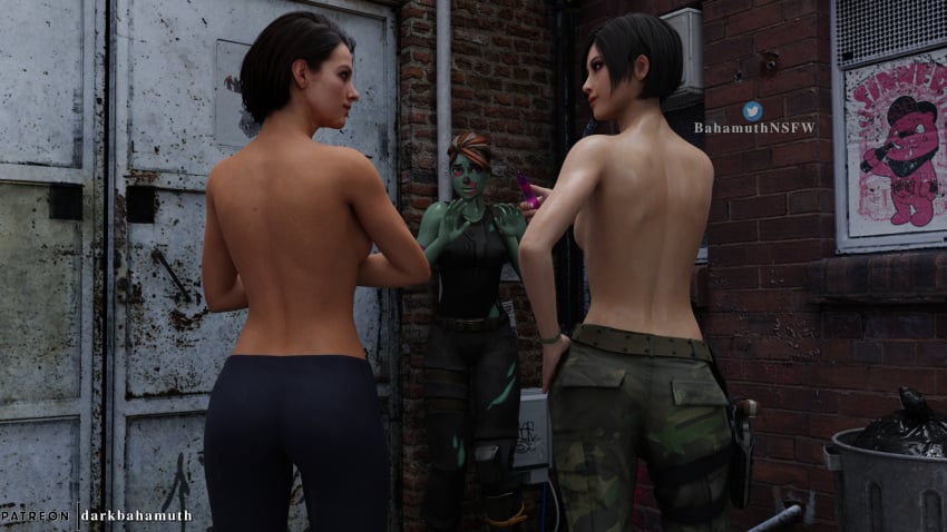 3d 3girls ada_wong ada_wong_(adriana) black_hair blender capcom darkbahamuth fortnite ghoul_trooper jill_valentine jill_valentine_(sasha_zotova) resident_evil resident_evil_2 resident_evil_2_remake resident_evil_3 resident_evil_3_remake topless