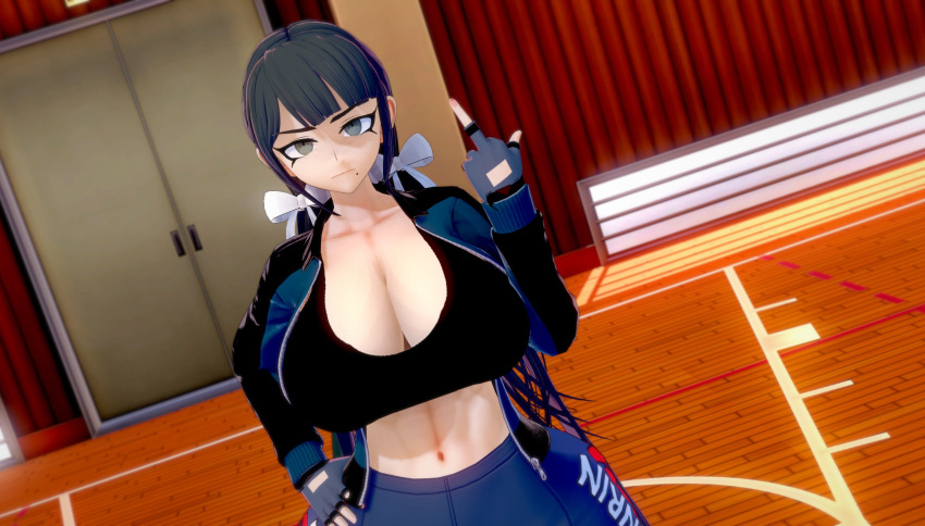 1girls 3d abs alternate_breast_size big_breasts bra breasts chabashira_tenko cleavage danganronpa danganronpa_v3 dark_hair door female female_only fenrirsjaw fully_clothed gloves gym highres huge_breasts jacket koikatsu large_breasts leggings legwear lesbian middle_finger straight_hair tomboy