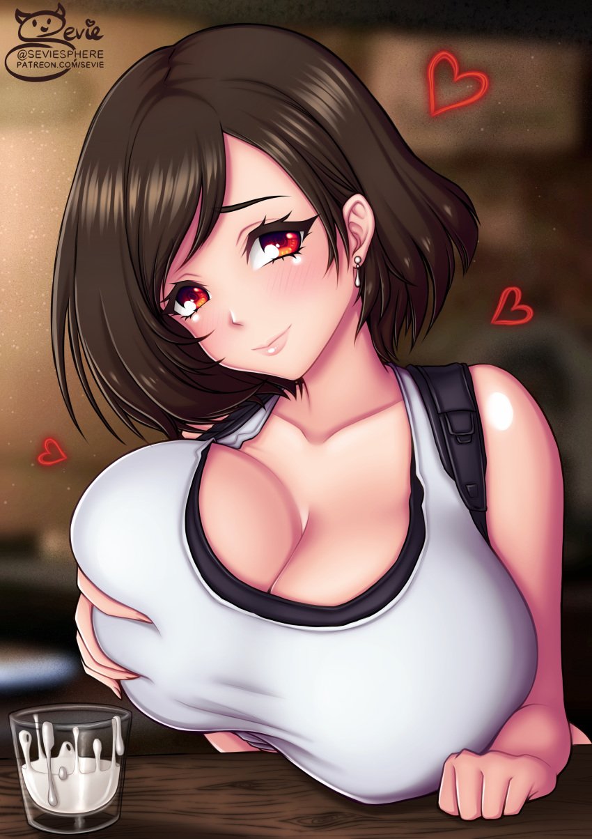 1girls 2021 alternate_hairstyle artist_signature bar black_sports_bra blush breast_grab breast_squeeze breasts brown_hair cleavage cute_expression earring female female_focus female_only final_fantasy final_fantasy_vii final_fantasy_vii_remake floating_heart glass grabbing_own_breast hi_res huge_breasts looking_at_viewer massive_breasts red_eyes sevie seviesphere short_hair sitting smile sports_bra square_enix suggestive_fluid tank_top thick_lips tifa_lockhart