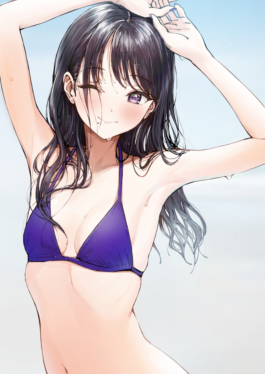 ;) ameyame armpits arms_up bangs bikini black_hair blue_background blush breasts clavicle cleavage closed_mouth dripping eyebrows_visible_through_hair female gradient gradient_background grey_background high_resolution long_hair looking_at_viewer mole mole_under_eye navel one_eye_closed purple_bikini purple_eyes simple_background small_breasts smile solo swimsuit tagme upper_body very_high_resolution water_drop wet wink