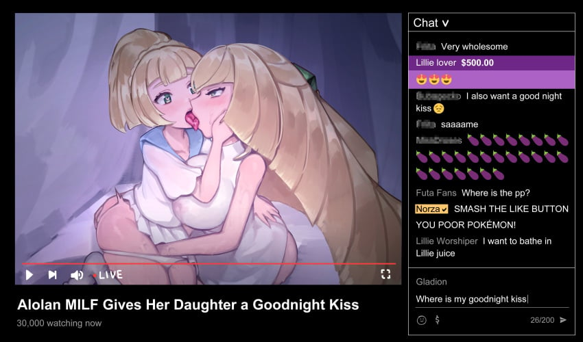 2021 2girls blonde_hair breasts chat clothing female female_focus female_only fingering green_eyes hand_in_panties hi_res human incest kissing large_breasts lillie_(pokemon) livestream long_hair lusamine_(pokemon) manual mature_female milf mother mother_and_daughter multiple_girls nintendo norza open_mouth pale_skin panties panties_down pokemon pokemon_sm ponytail sailor_collar small_breasts stream_chat stream_ui streaming tied_hair tongue tongue_kiss tongue_out vaginal white_clothing white_panties yuri