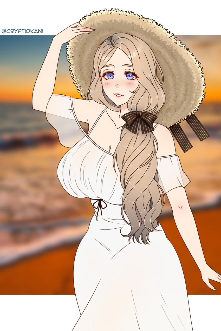 1girls alternate_costume beach blonde_hair blue_eyes blush cleavage collarbone covered_nipples cryptid_crab dress fire_emblem fire_emblem:_three_houses hair_over_shoulder huge_breasts long_hair mercedes_von_martritz nintendo nipple_bulge ocean sand seaside side_ponytail smile solo sun_hat sunset thick_thighs