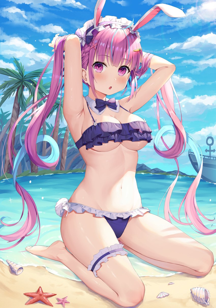 ahoge animal_ears aqua_ch. armpits arms_behind_back arms_up bare_arms bare_shoulders barefoot beach bikini blue_hair blush bow bowtie braid breasts bunny_ears cleavage clothing cloud day detached_collar fake_animal_ears feet female frilled_bikini frilled_swimsuit frills garter groin hair_ornament hairpin headdress headwear high_resolution hokori_sakuni hololive hololive_gen_2 hololive_japan jewelry large_breasts large_filesize leg_garter long_hair looking_at_viewer midriff minato_aqua multicolored_hair navel necktie outdoors parted_lips purple_bikini purple_eyes purple_hair sand seiza shell sitting sky solo starfish stomach swimsuit tagme thighs tied_hair tree twintails two-tone_hair underboob vehicle very_high_resolution very_long_hair virtual_youtuber water x_hair_ornament