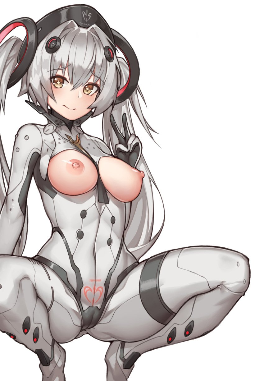 bodysuit breasts female headgear luna_(punishing:_gray_raven) medium_breasts punishing:_gray_raven robot_girl smile solo stmaster thighs twintails v_sign white_hair yellow_eyes