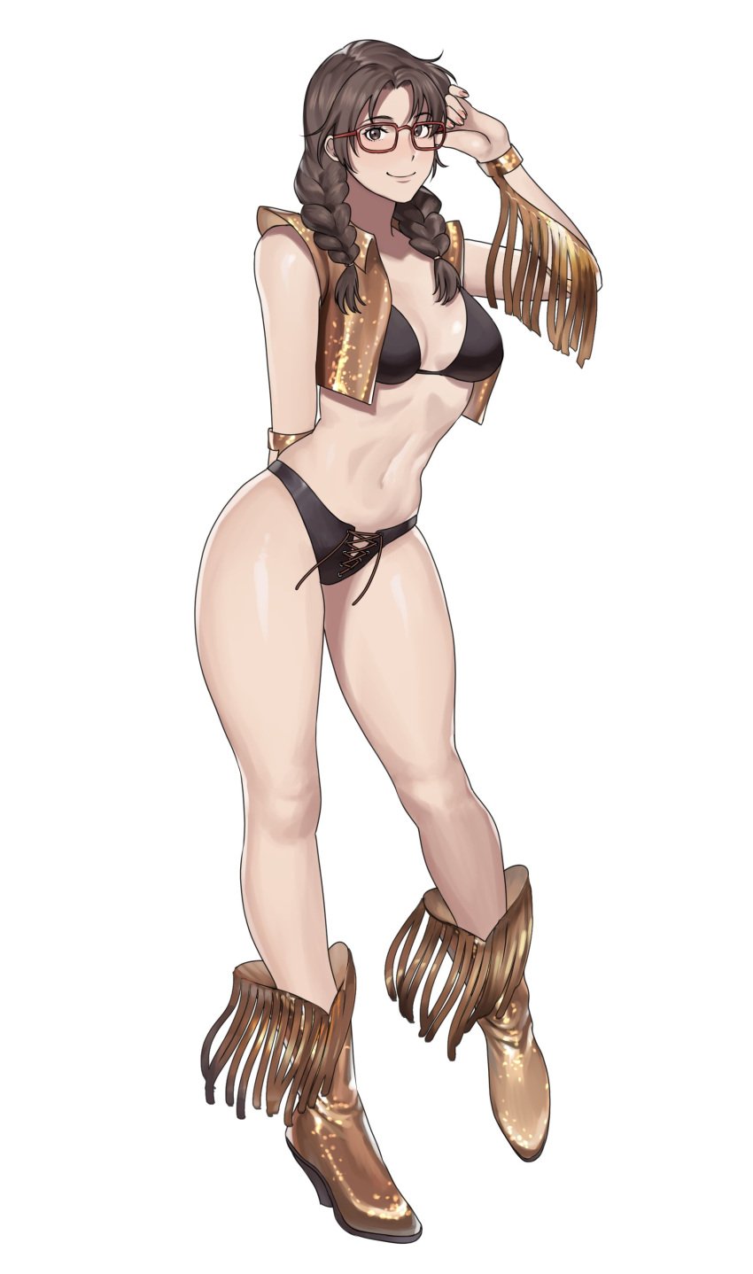 absurd_res alluring arm_behind_back bikini black_bikini boots braid breasts brown_eyes brown_hair commentary commission cosplay cowboy_boots cropped_vest dead_or_alive detached_sleeves english_commentary female female_abs fringe_trim full_body glasses gold_footwear gold_heels hanny_(uirusu_chan) high_res julia_chang long_legs looking_at_viewer medium_breasts medium_hair namco red-framed_eyewear slq smile standing swimsuit tassel tecmo tekken tina_armstrong_(cosplay) twin_braids vest voluptuous white_background