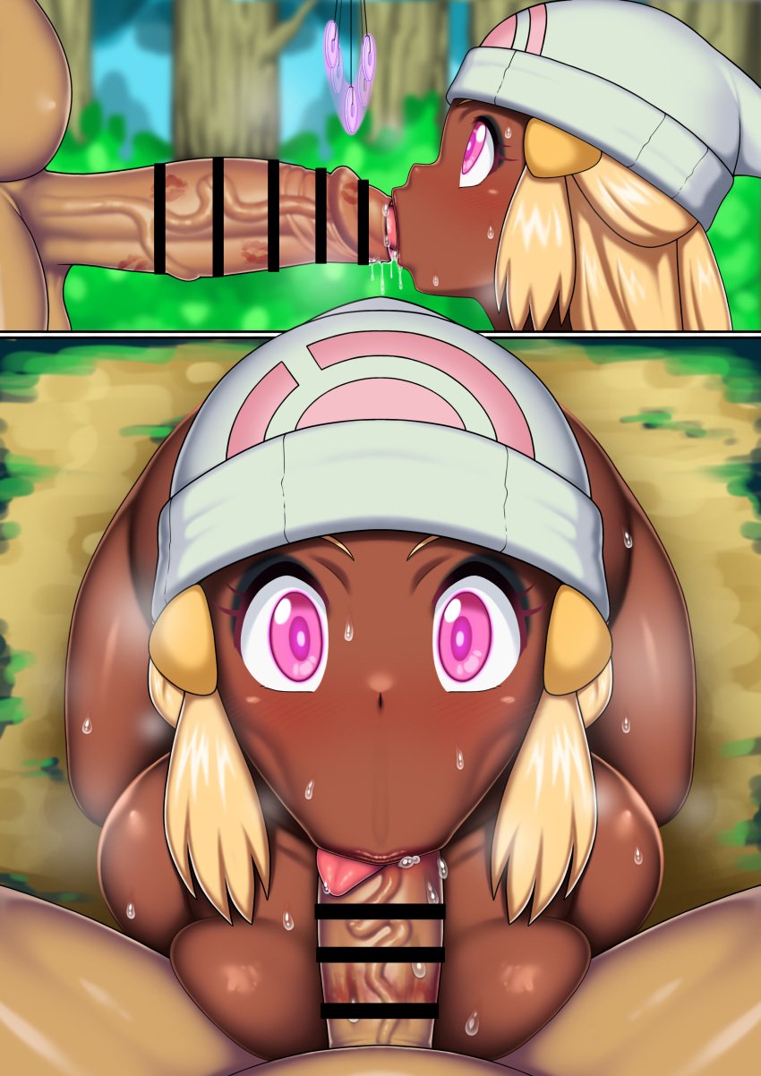 1boy 1girls :>= :>p= alternate_breast_size alternate_color alternate_hair_color alternate_skin_color big_penis blonde_hair blowjob censor_bar censored dark-skinned_female dawn_(pokemon) ebifurai fellatio female gal gyaru gyaru_gal gyarufication gyarufied hat humanoid_penis hypno hypnosis interspecies large_penis mind_control nintendo nude oral pendulum penis penis_awe pokemon pokemon_(species) pokemon_(trainer) pokemon_bdsp pokemon_dppt pokemon_rgby pokemon_trainer pokephilia thick_penis