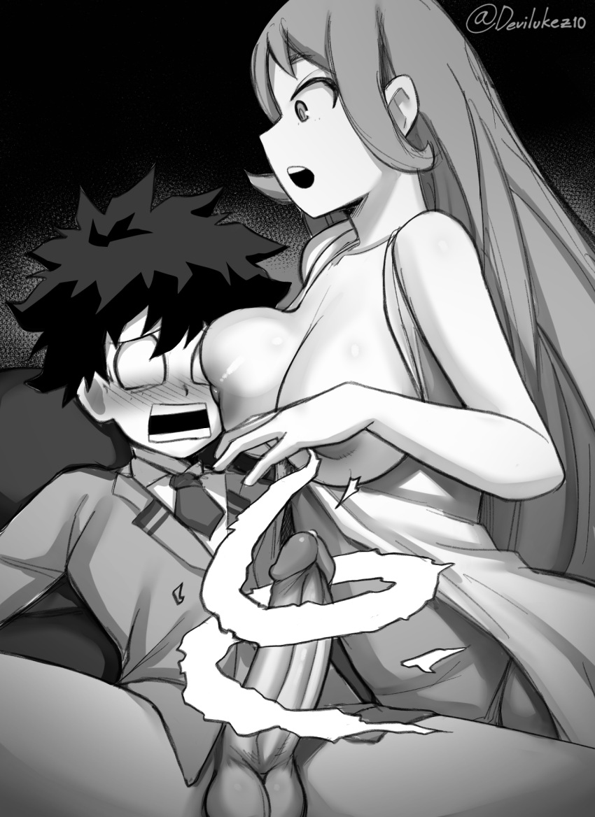 1boy 1boy1girl 1girls balls big_breasts big_penis blush blush_lines breasts breasts_touching_face devilukez embarrassed embarrassed_male erection face_on_breast female greyscale huge_breasts izuku_midoriya long_hair looking_at_partner male male/female my_hero_academia nejire_hado testicles u.a._school_uniform very_long_hair white_eyes