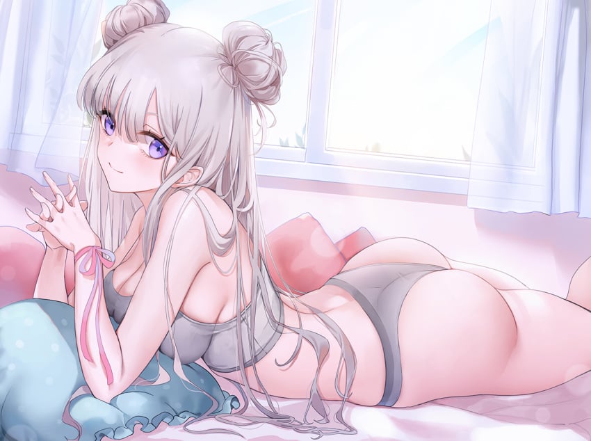 ass bare_arms bare_shoulders bed breasts camisole cleavage crop_top curtains double_bun e_myo female female grey_hair grey_panties interlocked_fingers large_breasts long_hair looking_at_viewer lying on_bed on_stomach original pantsu pillow purple_eyes smile solo spaghetti_strap strap_gap tagme underwear underwear_only window yumaomi