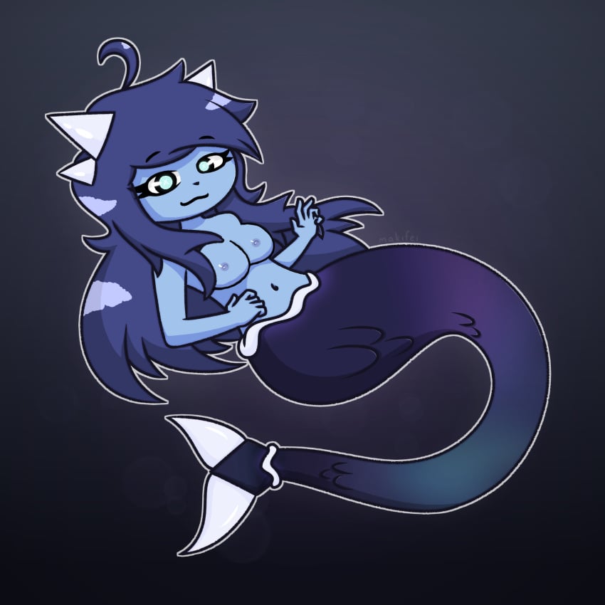 belly blue_eyes blue_hair blue_skin breasts clubette edit female geometry_dash long_hair looking_at_viewer makifei mermaid mermaid_tail nipples nude waving