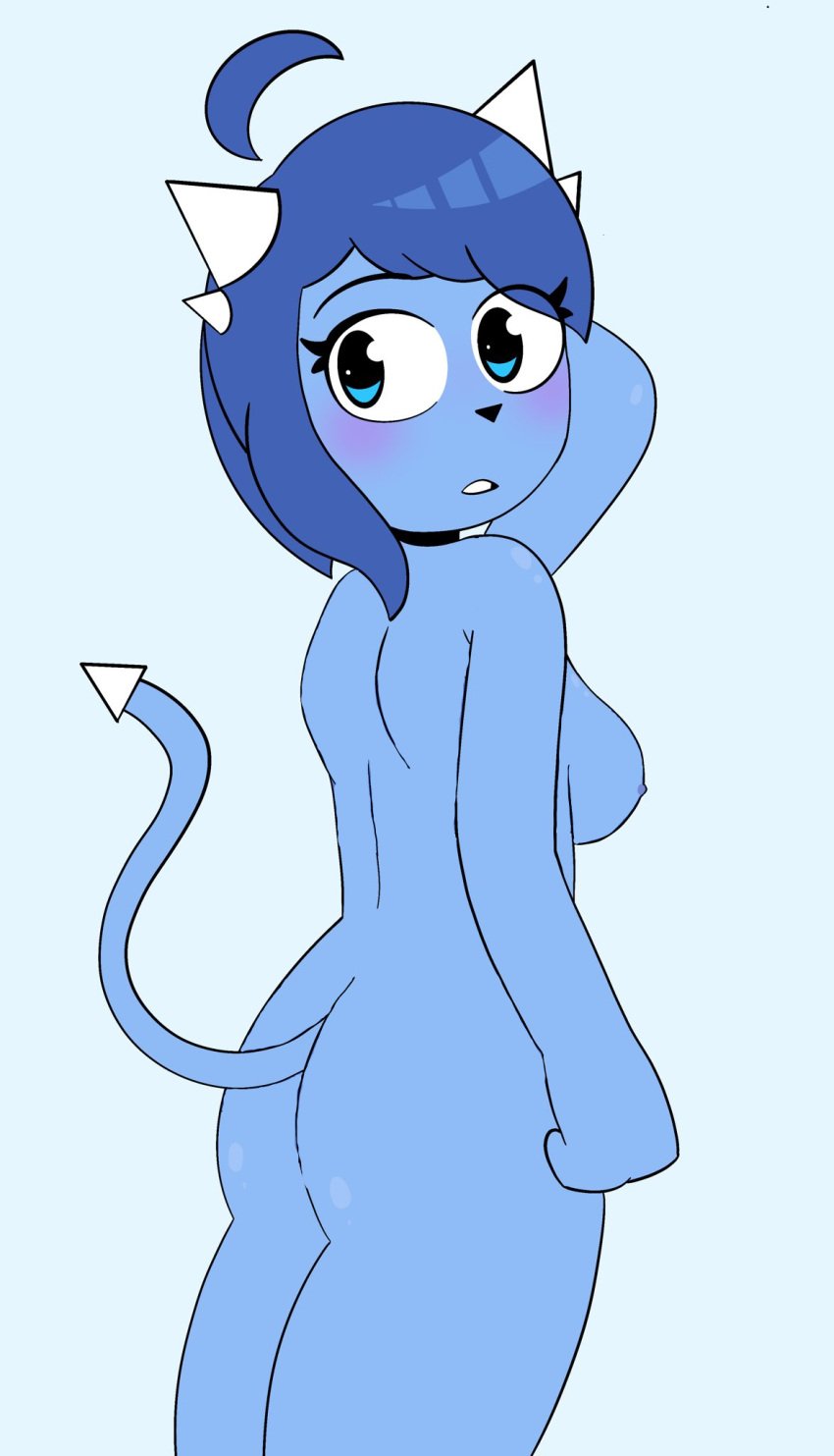 ass blue_body blue_eyes blue_hair blue_skin blush boobs breasts butt clubette edit female geometry_dash looking_at_viewer looking_back naked nude nude_female posterior tagme tail