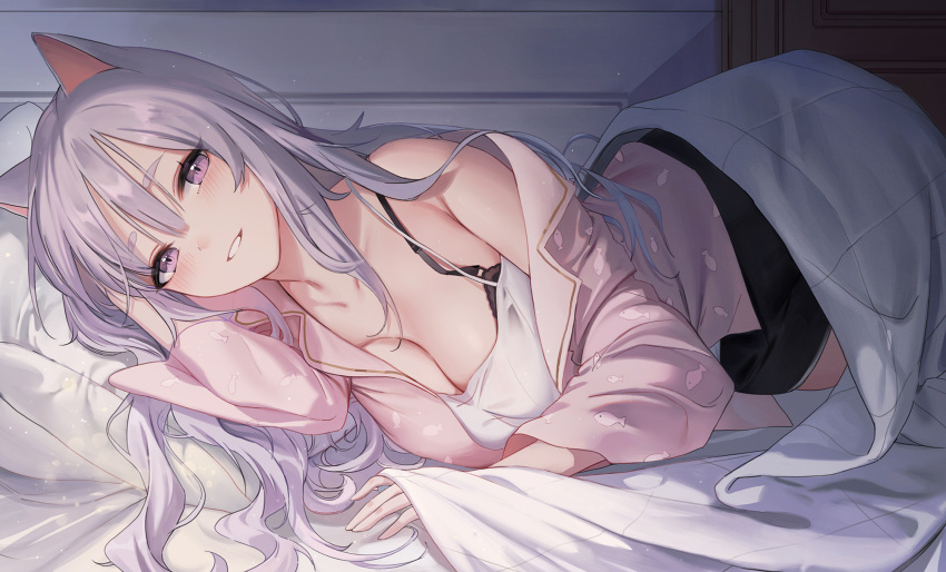 animal_ears bare_shoulders bed black_shorts blanket blush bra bra_strap breasts clavicle cleavage clothing female grin hair_between_eyes high_resolution jacket large_breasts long_hair looking_at_viewer lying nekomimi off_shoulder on_bed on_side original pillow pink_jacket purple_eyes shirt short_shorts shorts silver_hair smile solo tagme under_covers undershirt underwear white_hair white_shirt yumaomi