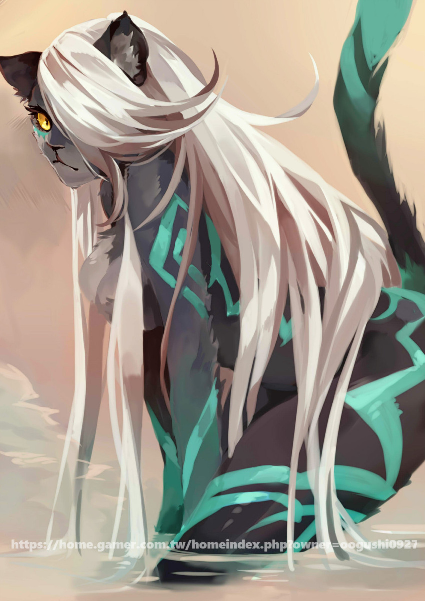 akamotooogushi anthro breasts chest_tuft fatima_eaglefeather felid female fur hair hi_res kemono long_hair looking_at_viewer mammal markings nude pantherine sdorica sdorica_sunset simple_background solo tuft video_games watermark white_hair yellow_sclera