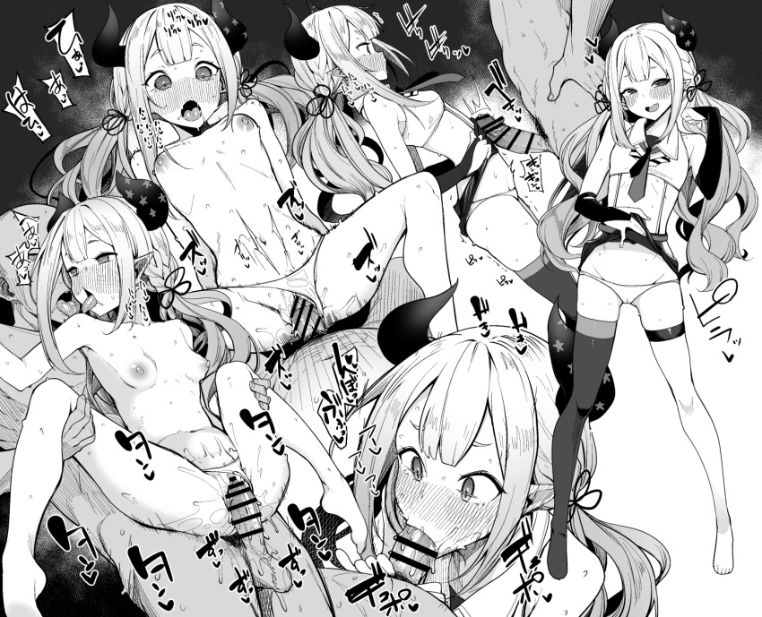 1boy 1girls aroused bar_censor blush breasts censored clothes_lift collarbone commission excited fellatio female french_kiss greyscale highres horns kissing kissing_while_penetrated lifted_by_self long_hair looking_pleasured low_twintails moketa monochrome naraka_(nijisanji) navel nijisanji oni_horns open_mouth oral panties penis penis_awe pointy_ears pussy_juice sex skeb_commission skirt skirt_lift small_breasts spread_legs straight tongue tongue_out twintails underwear vaginal_penetration virtual_youtuber