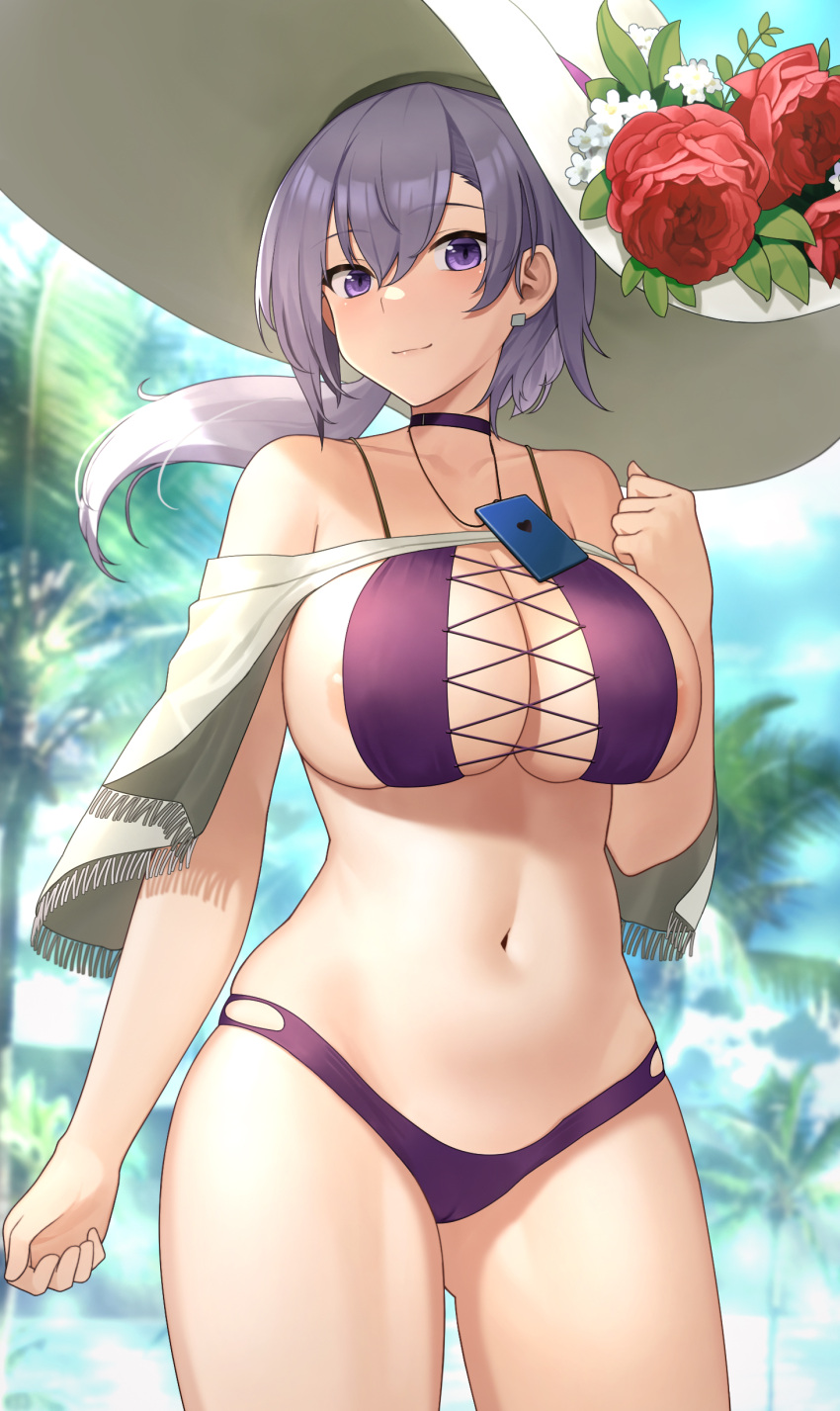 1girls absurdres areola_slip areolae azur_lane bangs bare_shoulders bikini breasts cameltoe choker cleavage cross-laced_bikini earrings flower hair_between_eyes hat hat_flower highres jewelry large_breasts large_hat long_hair looking_at_viewer navel outdoors palm_tree ponytail purple_bikini purple_eyes reno_(azur_lane) reno_(summer_spin-off)_(azur_lane) sakamotono sideboob skindentation smile solo sun_hat sunlight swimsuit tree