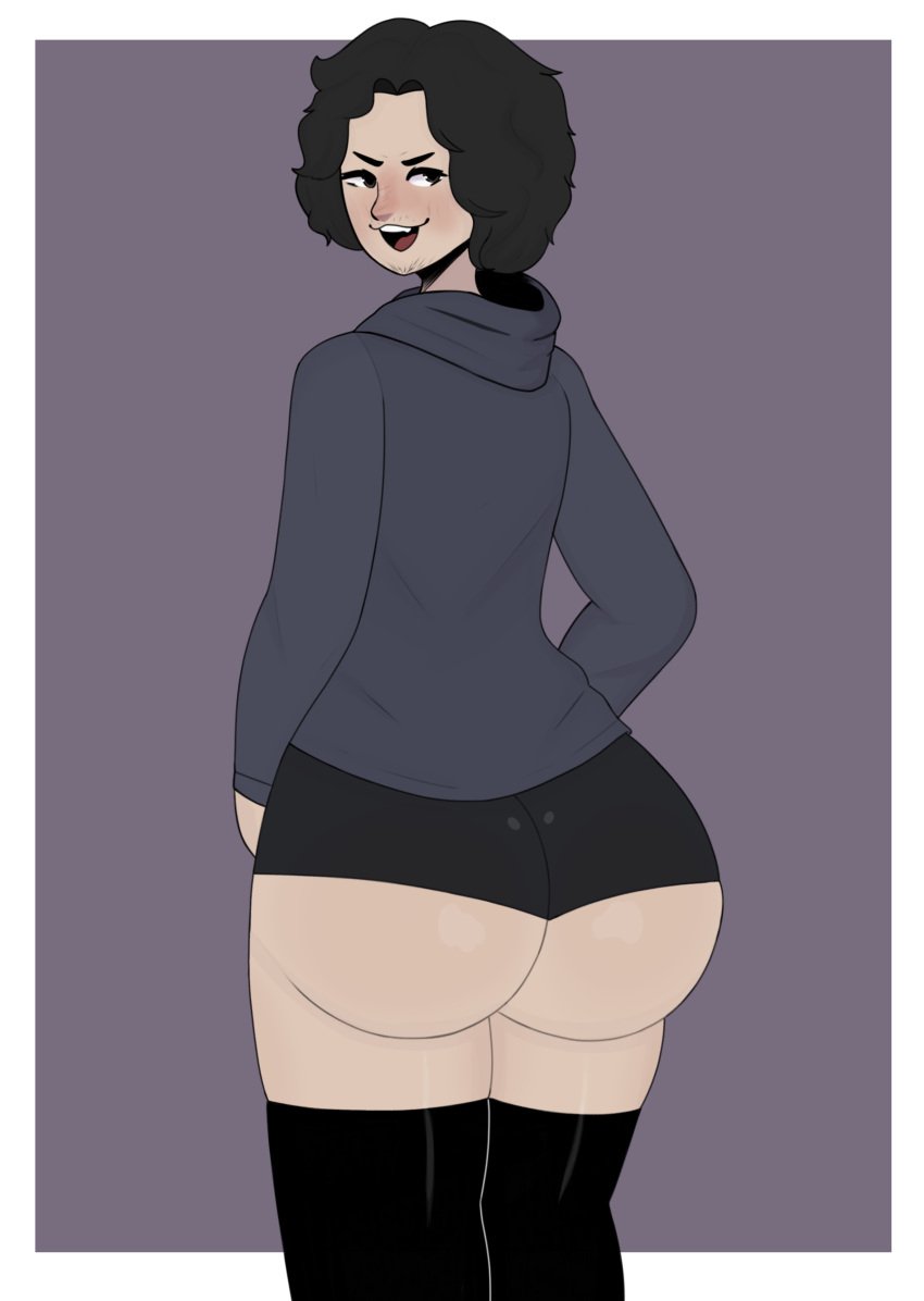 1boy ass big_ass big_butt black_hair dewi_aleman femboy hoodie male male_only original_character shorts simple_background solo solo_male thick_thighs thighhighs