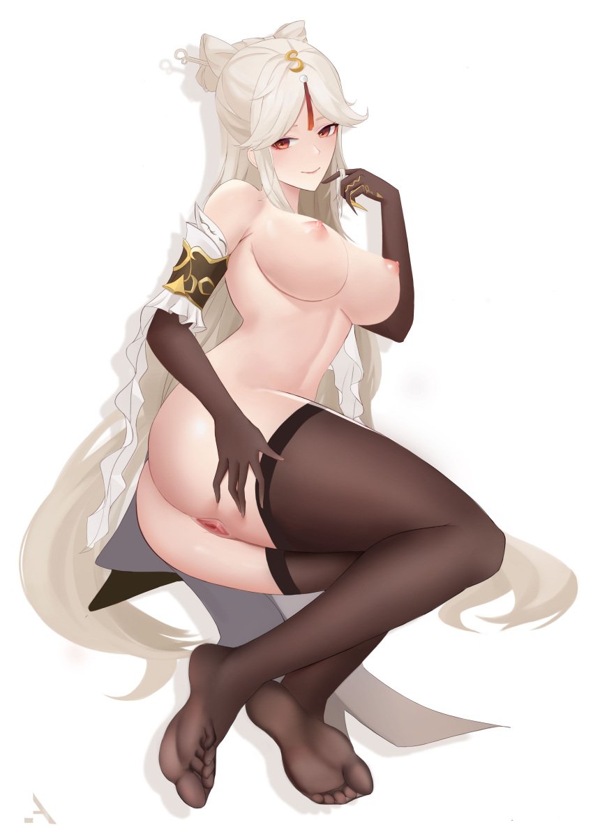 1girls female female_only genshin_impact gloves jpeg_artifacts light-skinned_female light_skin ningguang_(genshin_impact) simple_background solo stockings tagme ultra_(511455329) white_background