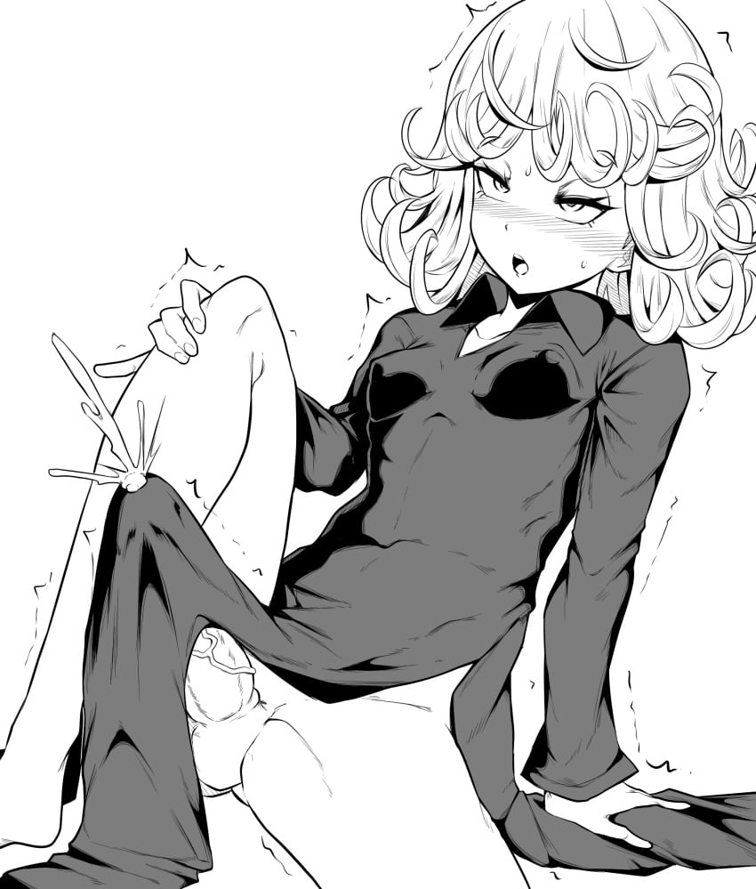 1futa :o balls black_dress blush clothed clothing cum cum_through_clothes cumshot decensored ejaculation erection erection_under_clothes futa_only futanari hands-free handsfree_ejaculation highres human makin_tama monochrome mostly_clothed nipple_bulge no_panties one-punch_man orgasm orgasm_face penis short_hair sitting small_breasts solo tatsumaki tenting tongue tongue_out veiny_penis