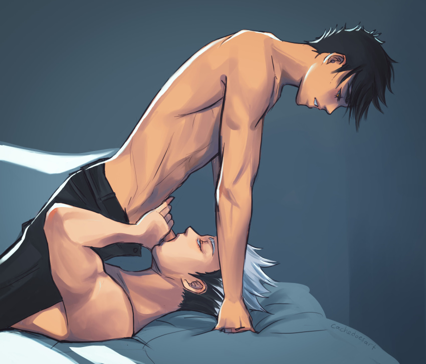 2boys bed black_hair bokuto_koutarou cachedoesart closed_eyes clothing fellatio gay genitals grey_hair haikyuu!! kuroo_tetsurou lying_down lying_on_back lying_on_bed male male/male male_only no_shirt oral oral_sex pants penis penis_in_mouth shirtless shirtless_(male) skull_fucking sucking yaoi