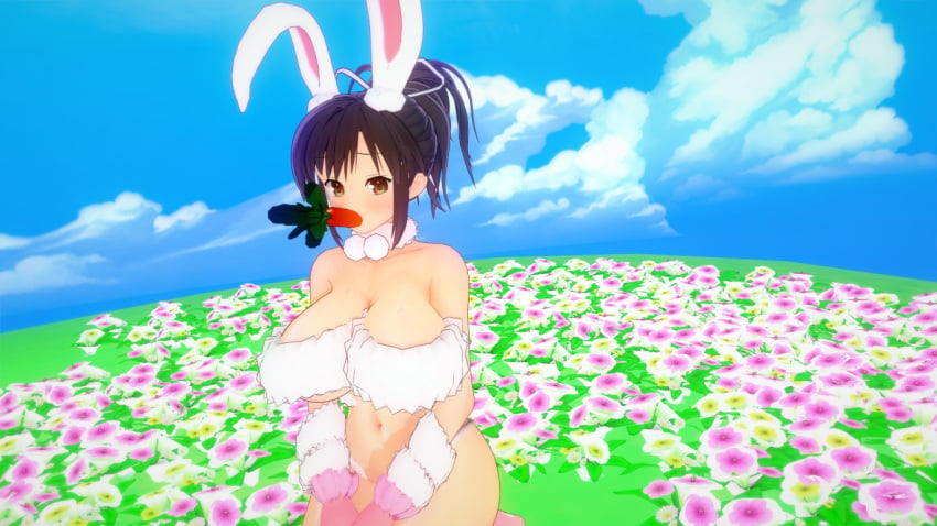 alternate_costume asuka_(senran_kagura) blush brown_eyes brown_hair bunny_ears bunny_girl carrot cloud female_only field flowers hair_ribbon huge_breasts light_blush senran_kagura sky solo xhion24