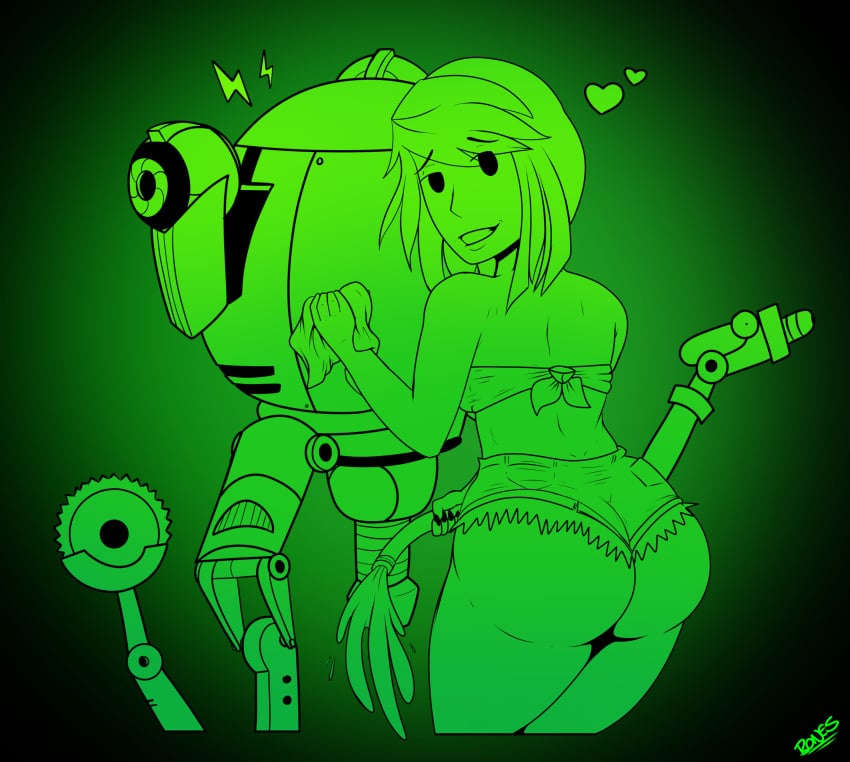 ass back_view bigbonesart car_wash carwash fallout jean_shorts mob_face mr._handy robot tease teasing vault_girl wet wet_clothes