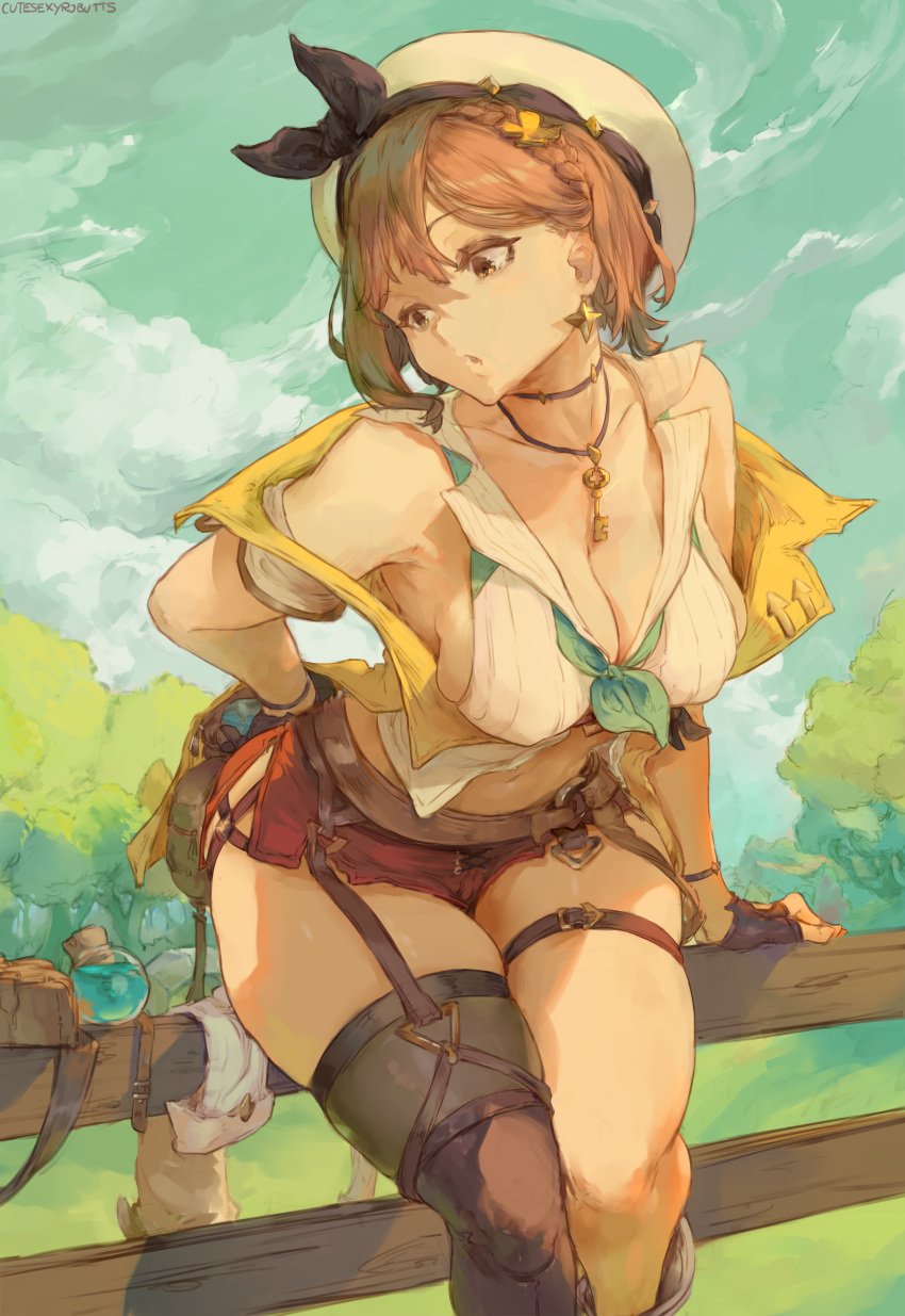 1girls 2021 artist_signature atelier_(series) atelier_ryza atelier_ryza_2 blue_sky booty_shorts breasts brown_eyes brown_hair cleavage clothed clothed_female cutesexyrobutts daytime female female_focus female_only hat hi_res huge_breasts jewelry key_necklace looking_back necklace one_thighhigh outdoors outside red_shorts reisalin_stout short_hair short_shorts shorts skindentation thick_thighs thigh_strap thighs white_hat white_shirt