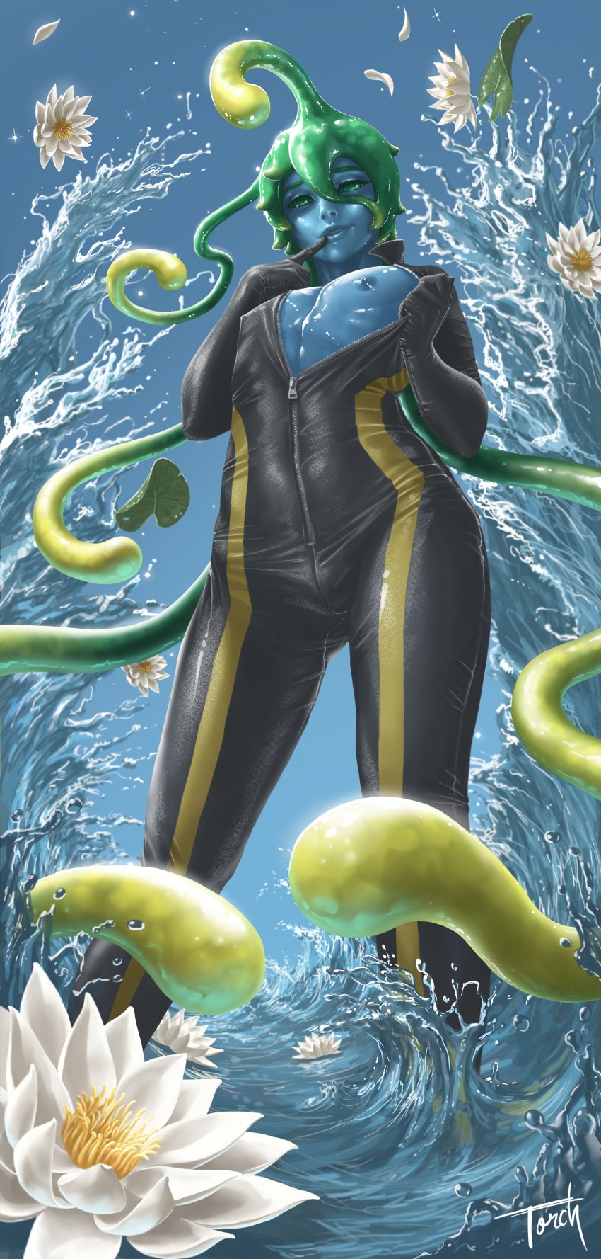 1boy blue_skin bulge front_zipper monster_musume_no_iru_nichijou rule_63 slime slime_boy suu_(monster_musume) tentacle tentacle_hair torchdraws water wetsuit zipper