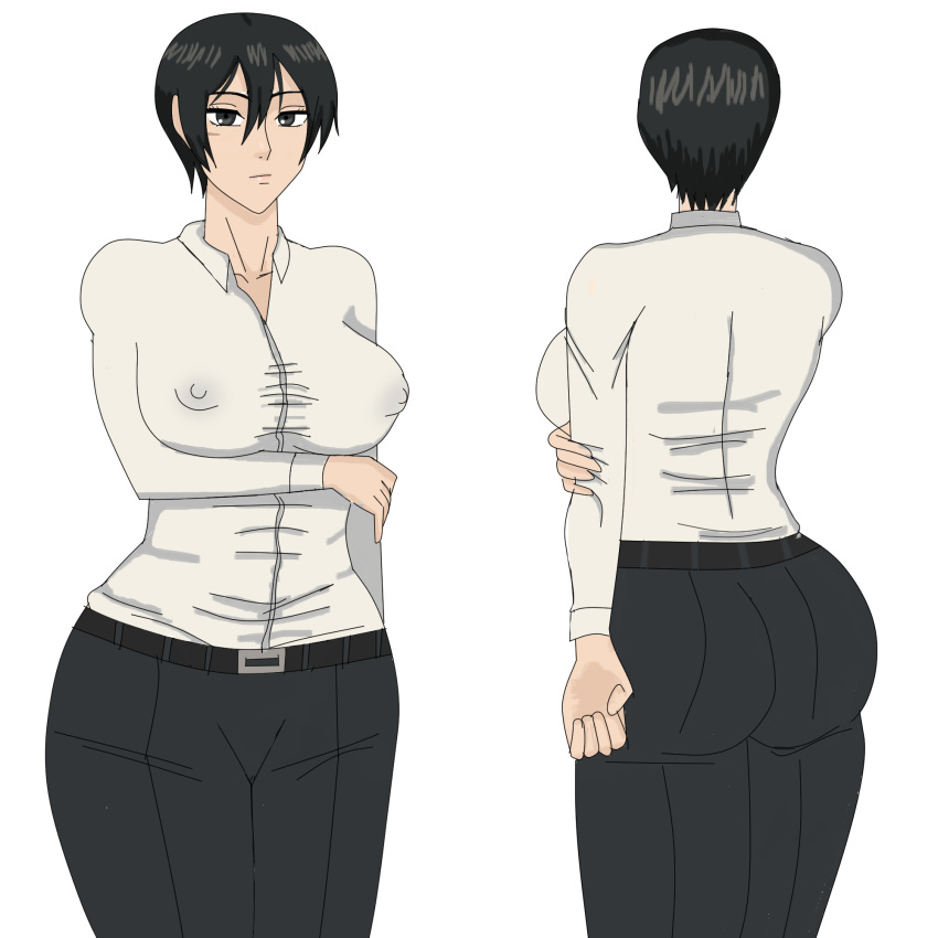 1girls asian ass attack_on_titan back_view black_eyes black_hair clothed clothing female front_view large_breasts looking_at_viewer mattez_ mikasa_ackerman pale-skinned_female shingeki_no_kyojin short_hair solo solo_female thick_thighs white_skin