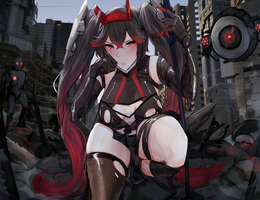 black_hair blush breasts crouching female long_hair looking_at_viewer lucia_(punishing:_gray_raven) naokomama nipples punishing:_gray_raven red_eyes red_hair robot_girl solo thighs twintails