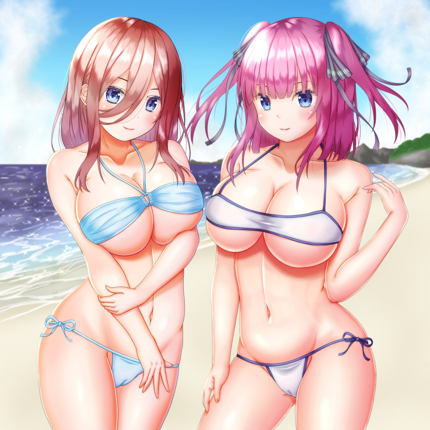 2girls alniyat_sigma bangs bare_shoulders beach big_breasts bikini blue_eyes blunt_bangs breasts busty butterfly_hair_ornament cameltoe clavicle cleavage collarbone curvaceous curvy curvy_female curvy_figure female_focus female_only go-toubun_no_hanayome hair_between_eyes hair_ornament huge_breasts light-skinned_female light_skin long_hair looking_at_viewer micro_bikini midriff multiple_girls nakano_miku nakano_nino navel outdoors pelvic_curtain pink_hair red_hair revealing_swimsuit ribbons shiny shiny_hair shiny_skin side-tie_bikini sisters skindentation smile swimsuit take_your_pick twins twintails underboob wide_hips